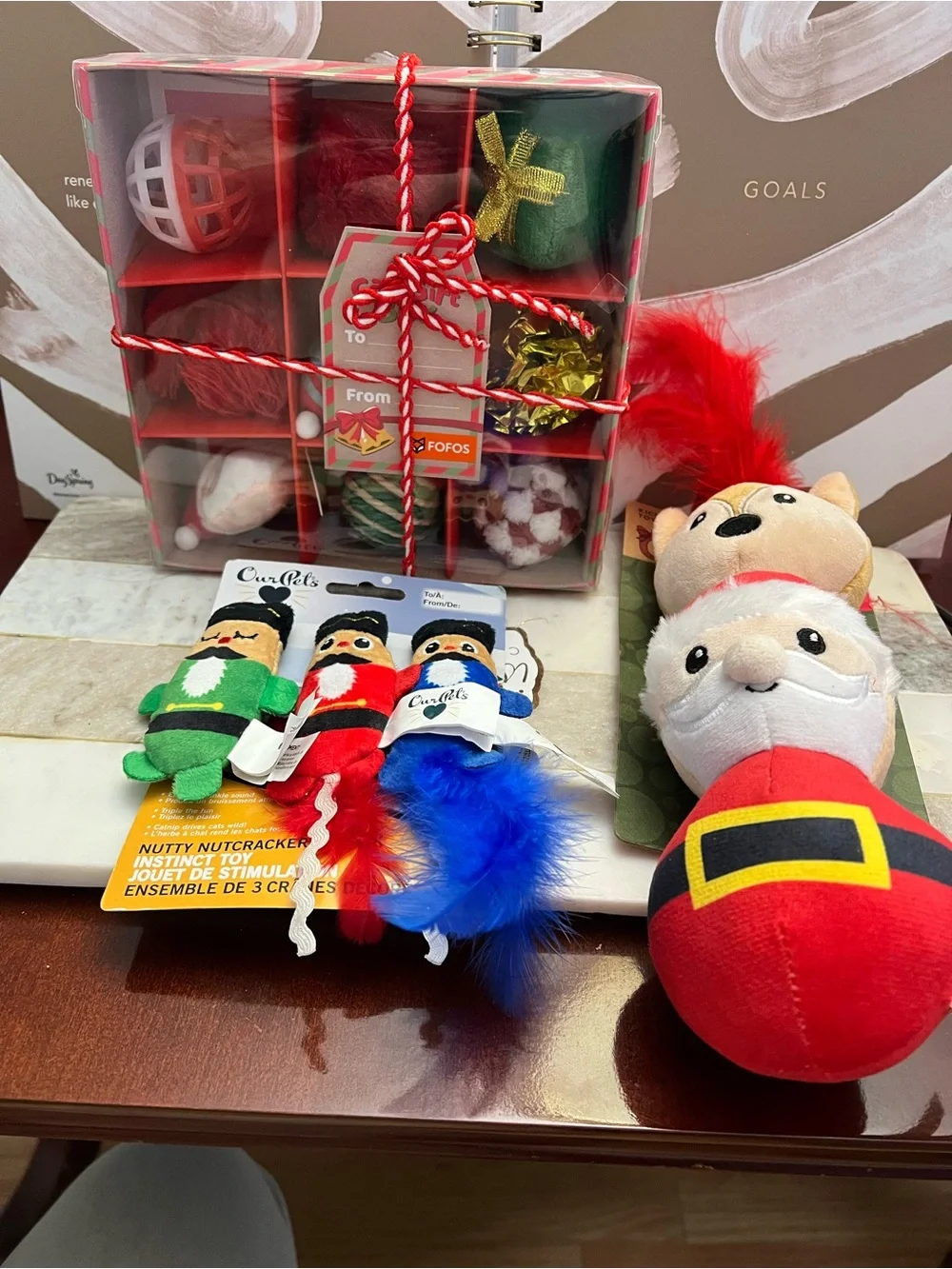 Holiday Cat Toy Bundle - Red & Green Plush Santa, Deer & Catnip Balls